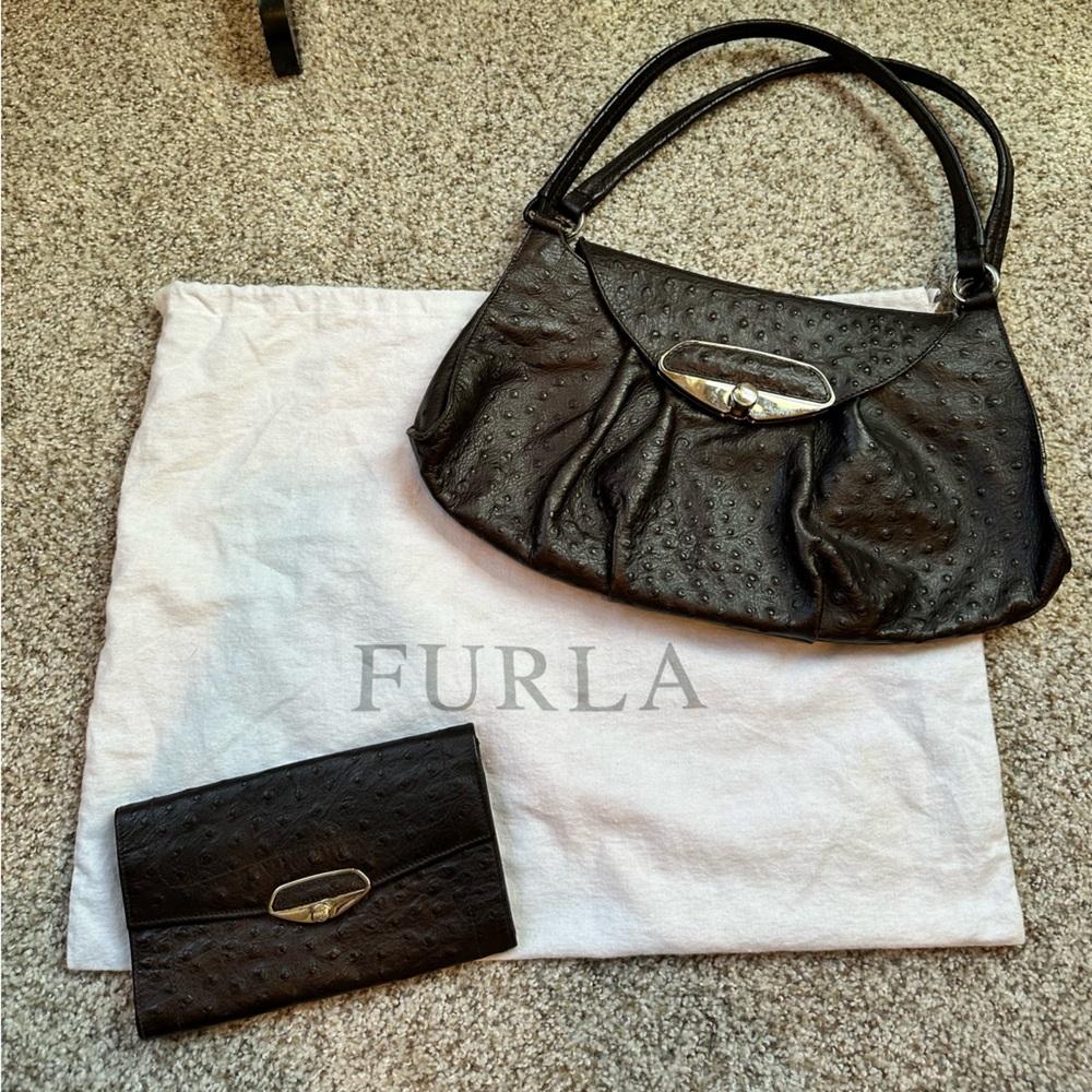 Furla Ostrich Dark Brown Leather Shoulder Bag with Matching Wallet